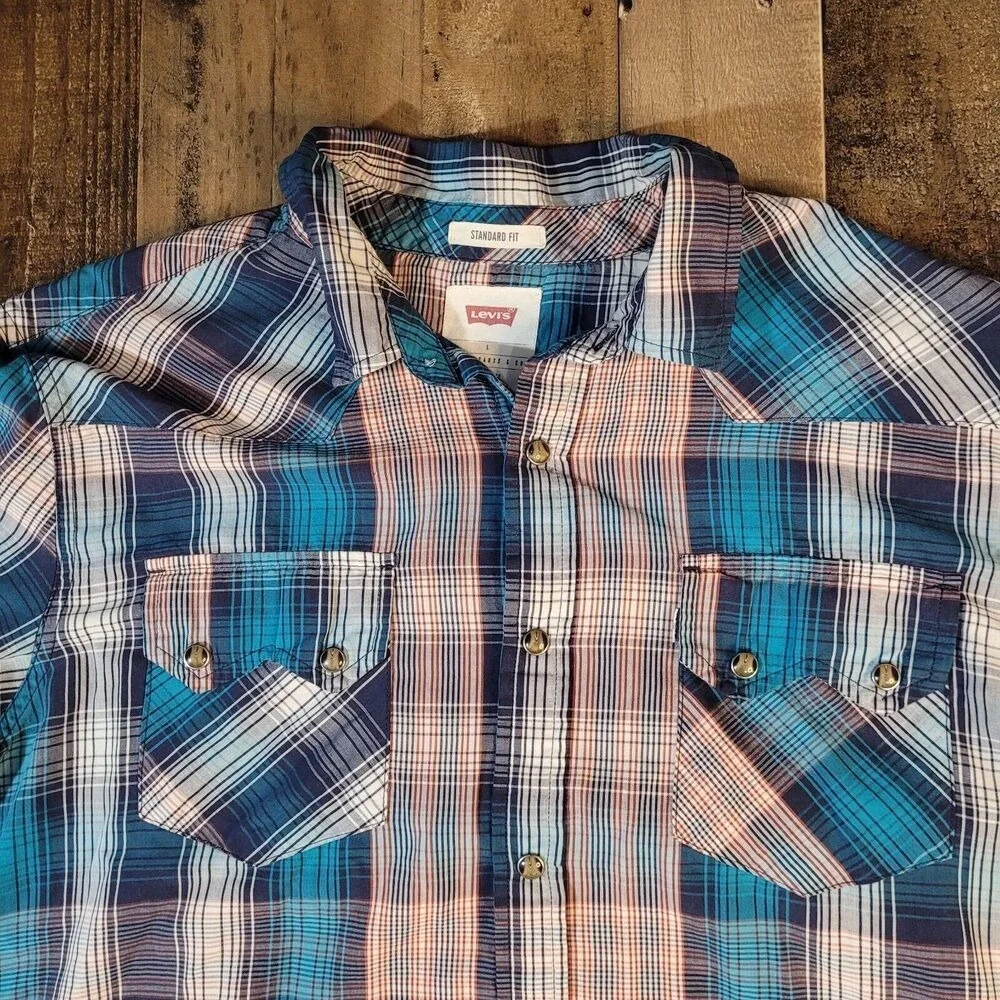 LEVIS Mens‎ Standard Fit Plaid Long Sleeve Snap Button Western Shirt Blue Large